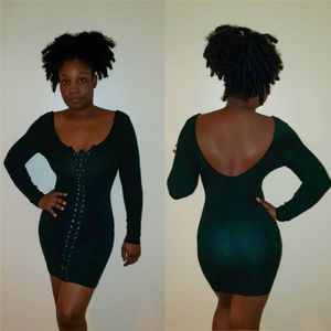 Laced up Front Long Sleeve Stretchy Black Dress